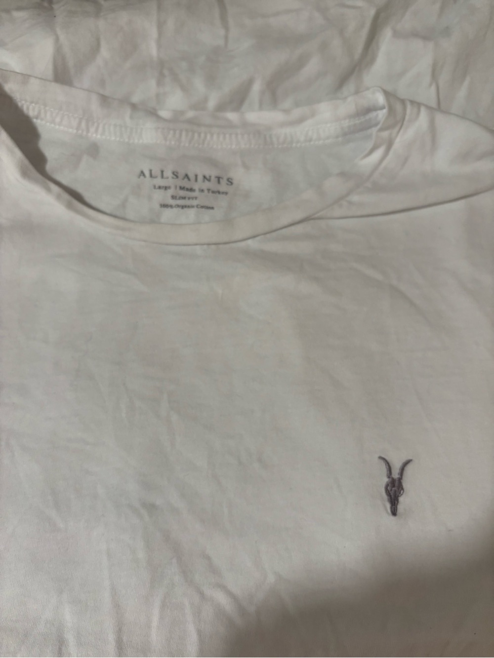 AllSaints SS Crew T-Shirt Mens Large White Slim Fit Organic Cotton Ramskull
